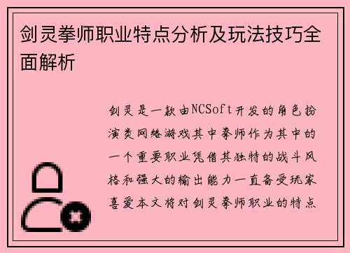 剑灵拳师职业特点分析及玩法技巧全面解析